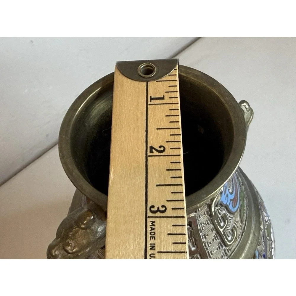 Vintage Japanese Champleve Enamel Brass Bronze Vase Urn Dragon Handle Antique